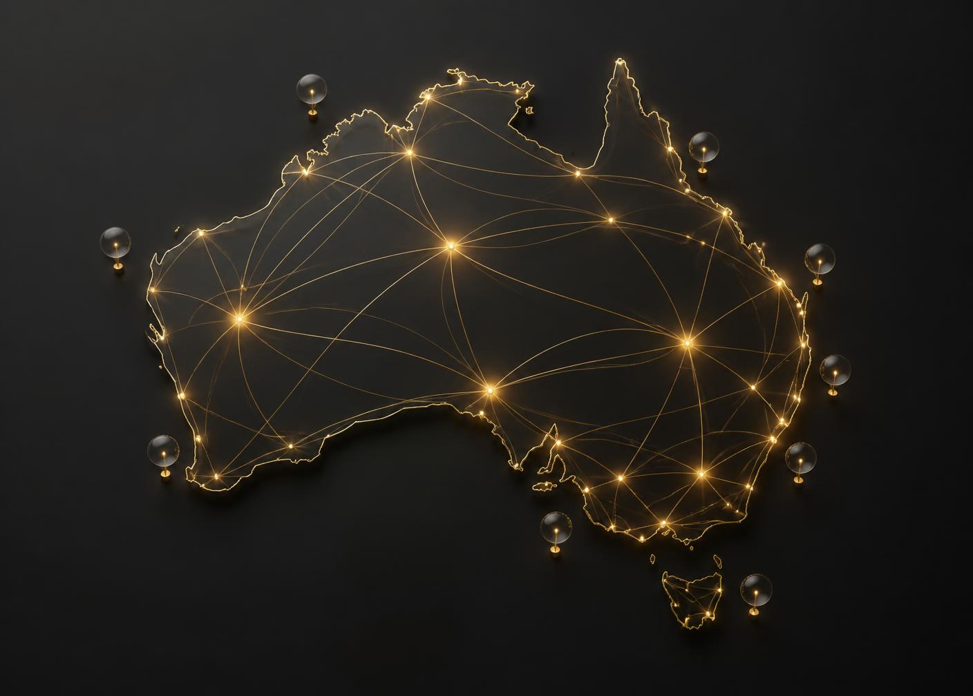 Abstract gold linework map of Australia showing national coverage nodes